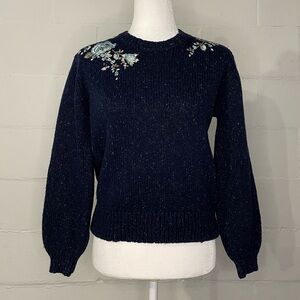 Abercrombie & Fitch Navy Crewneck Sweater with Floral Embroidery